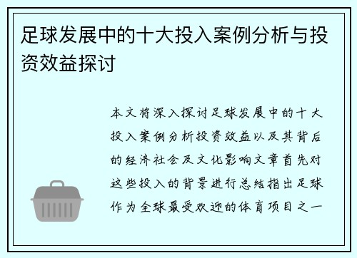 足球发展中的十大投入案例分析与投资效益探讨